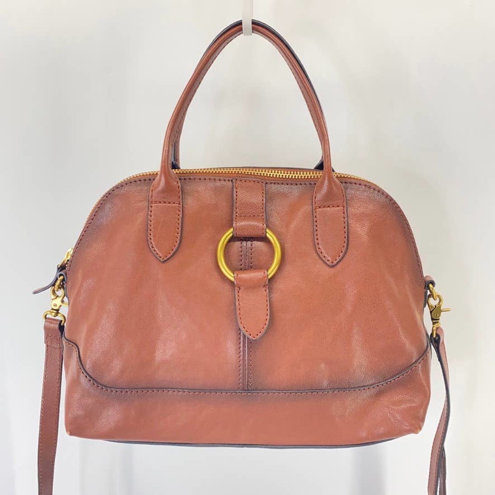 FRYE Ring Solid Cognac Leather Dome Satchel Bag Zip Closure Crossbody Strap